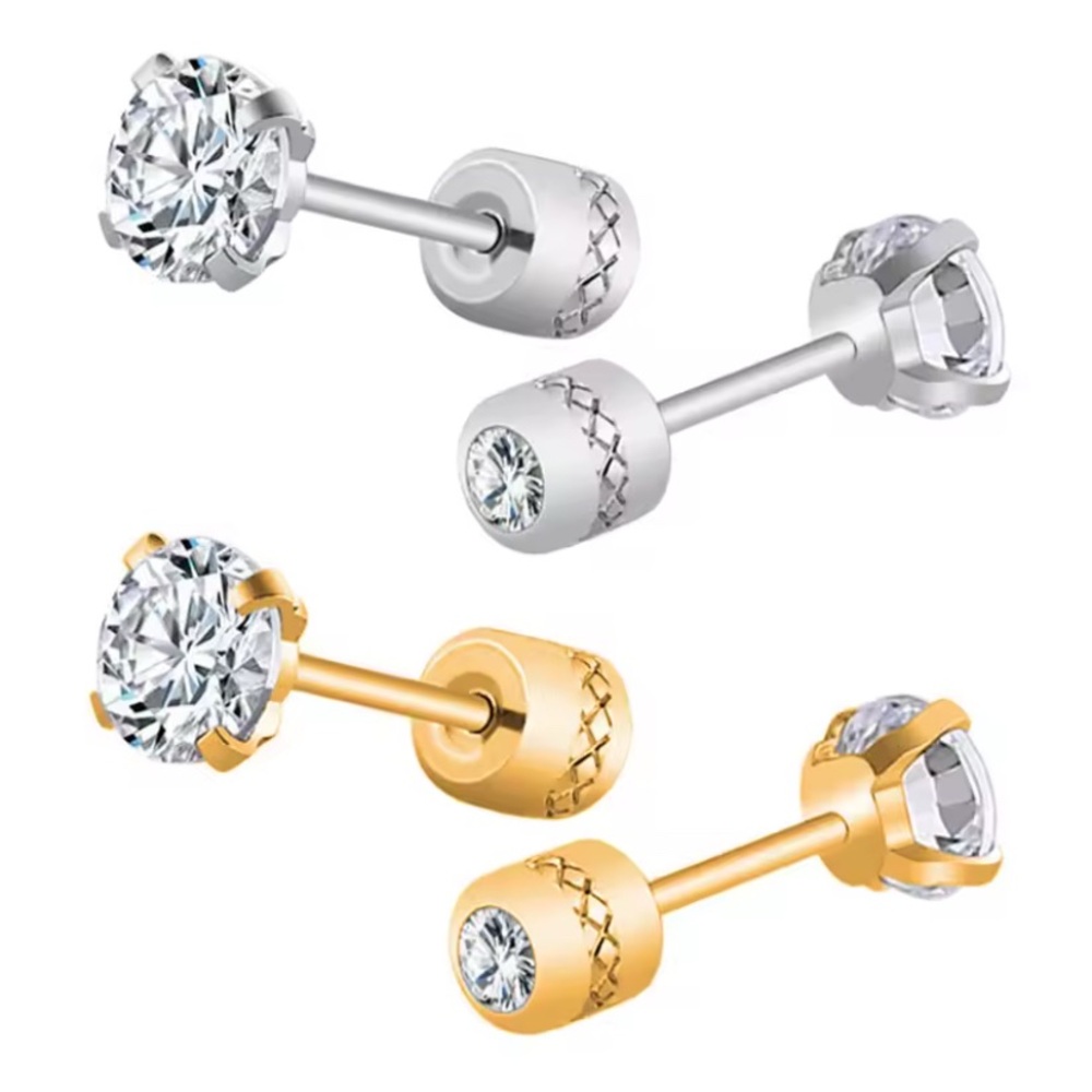 3CTTW Round Cut CZ Screw Back Stud Earrings 14K Gold Plated